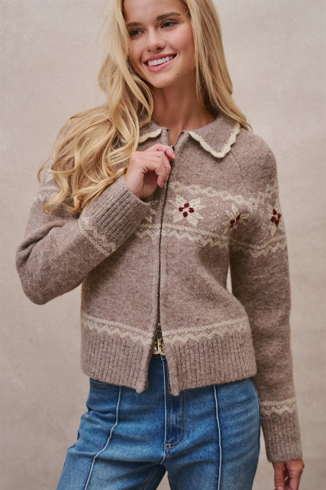 Fair Isle Wool Blend Sweater Cardigan with Collar in Mocha - Women's Cardigans & Shrugs | Urban Daizy