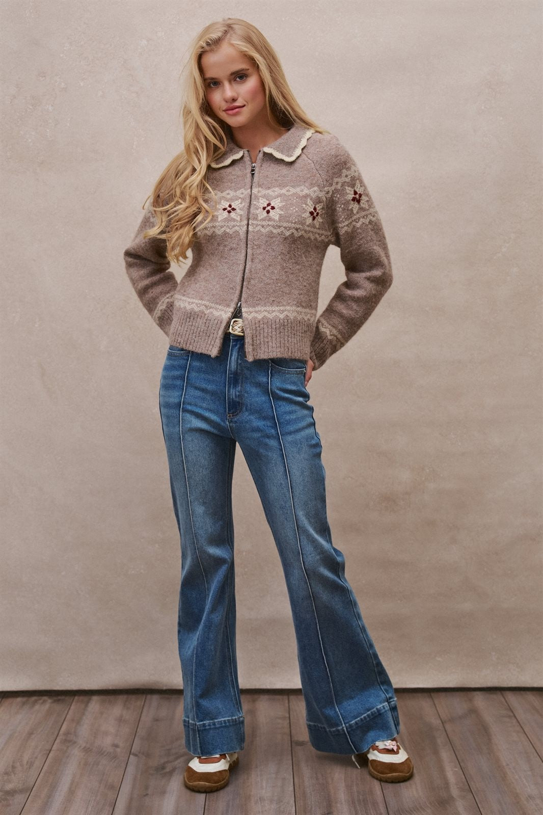 Fair Isle Wool Blend Sweater Cardigan with Collar in Mocha - Women's Cardigans & Shrugs | Urban Daizy