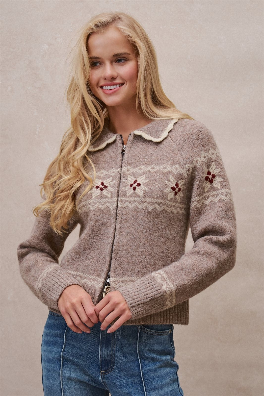 Fair Isle Wool Blend Sweater Cardigan with Collar in Mocha - Women's Cardigans & Shrugs | Urban Daizy