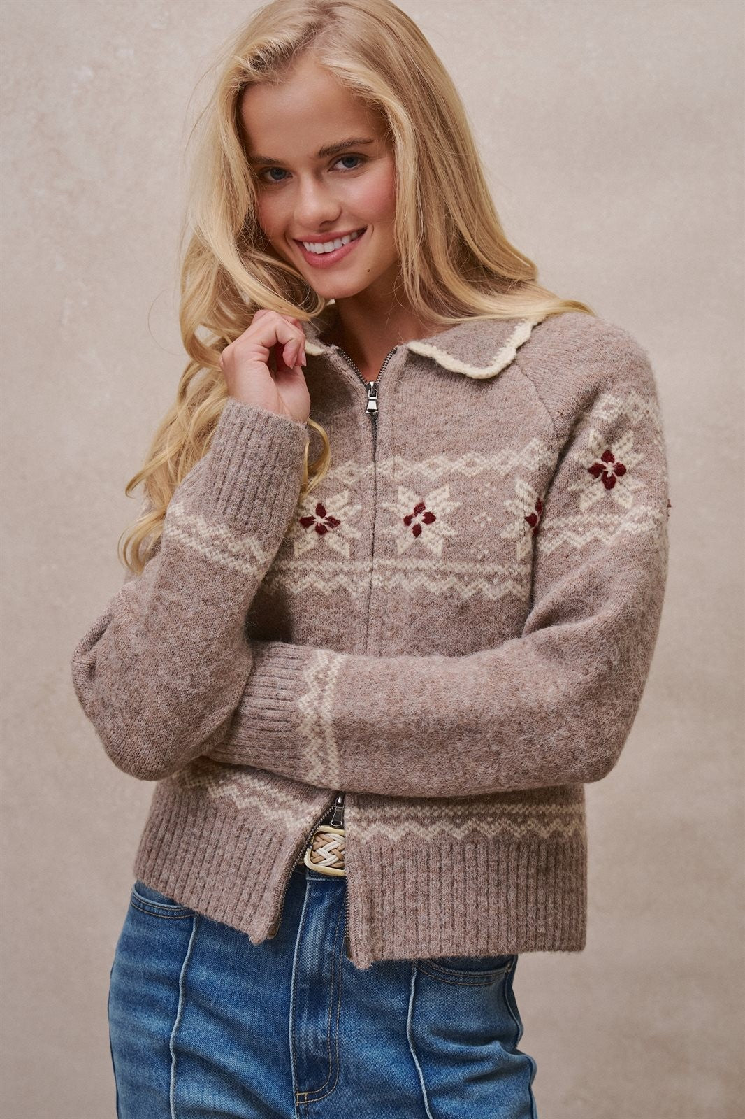 Fair Isle Wool Blend Sweater Cardigan with Collar in Mocha - Women's Cardigans & Shrugs | Urban Daizy