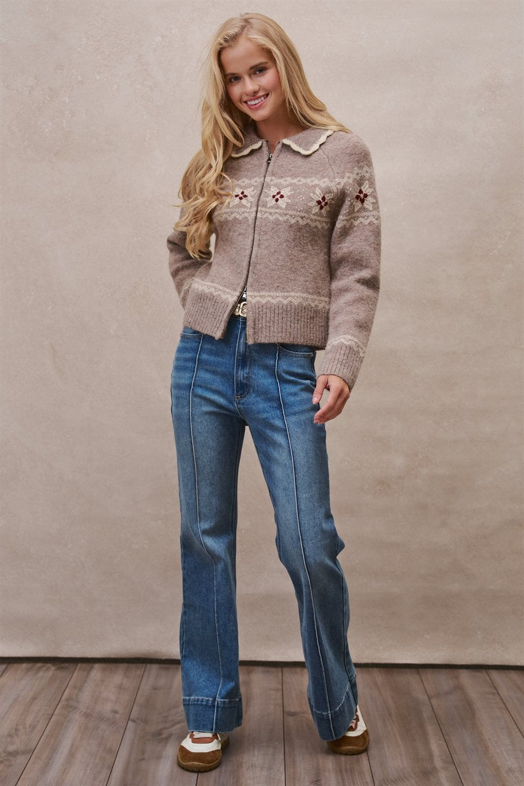 Fair Isle Wool Blend Sweater Cardigan with Collar in Mocha - Women's Cardigans & Shrugs | Urban Daizy