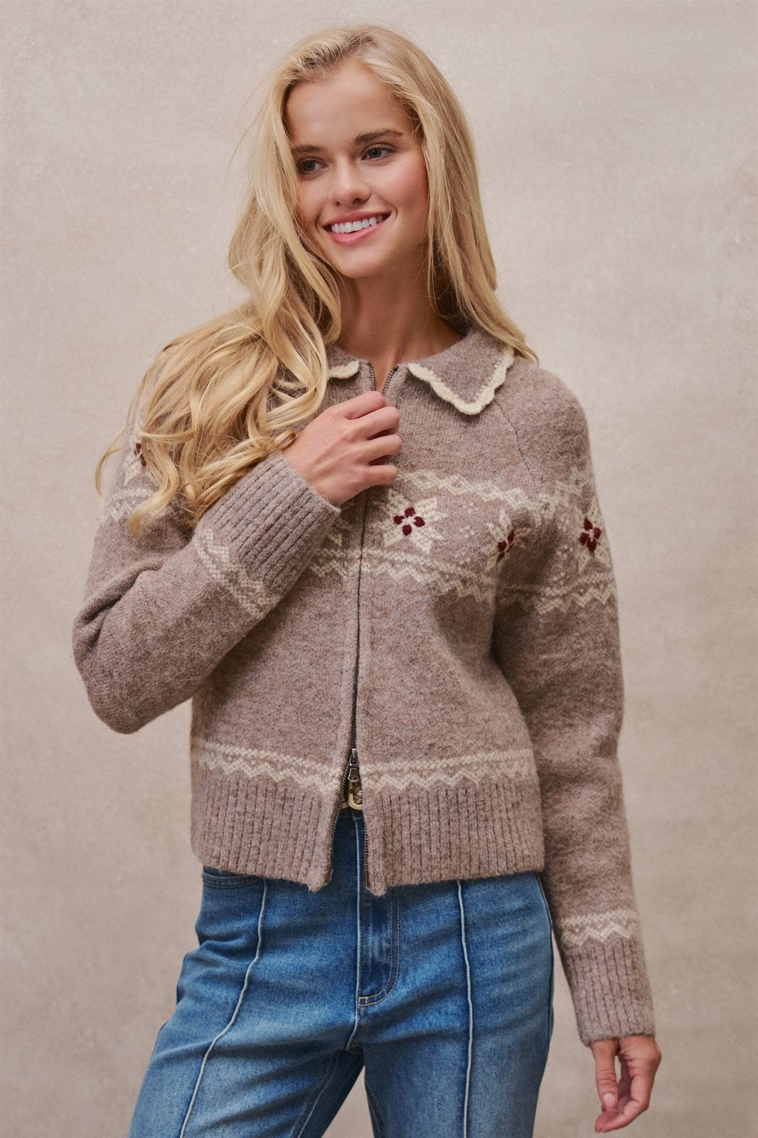 Fair Isle Wool Blend Sweater Cardigan with Collar in Mocha - Women's Cardigans & Shrugs | Urban Daizy