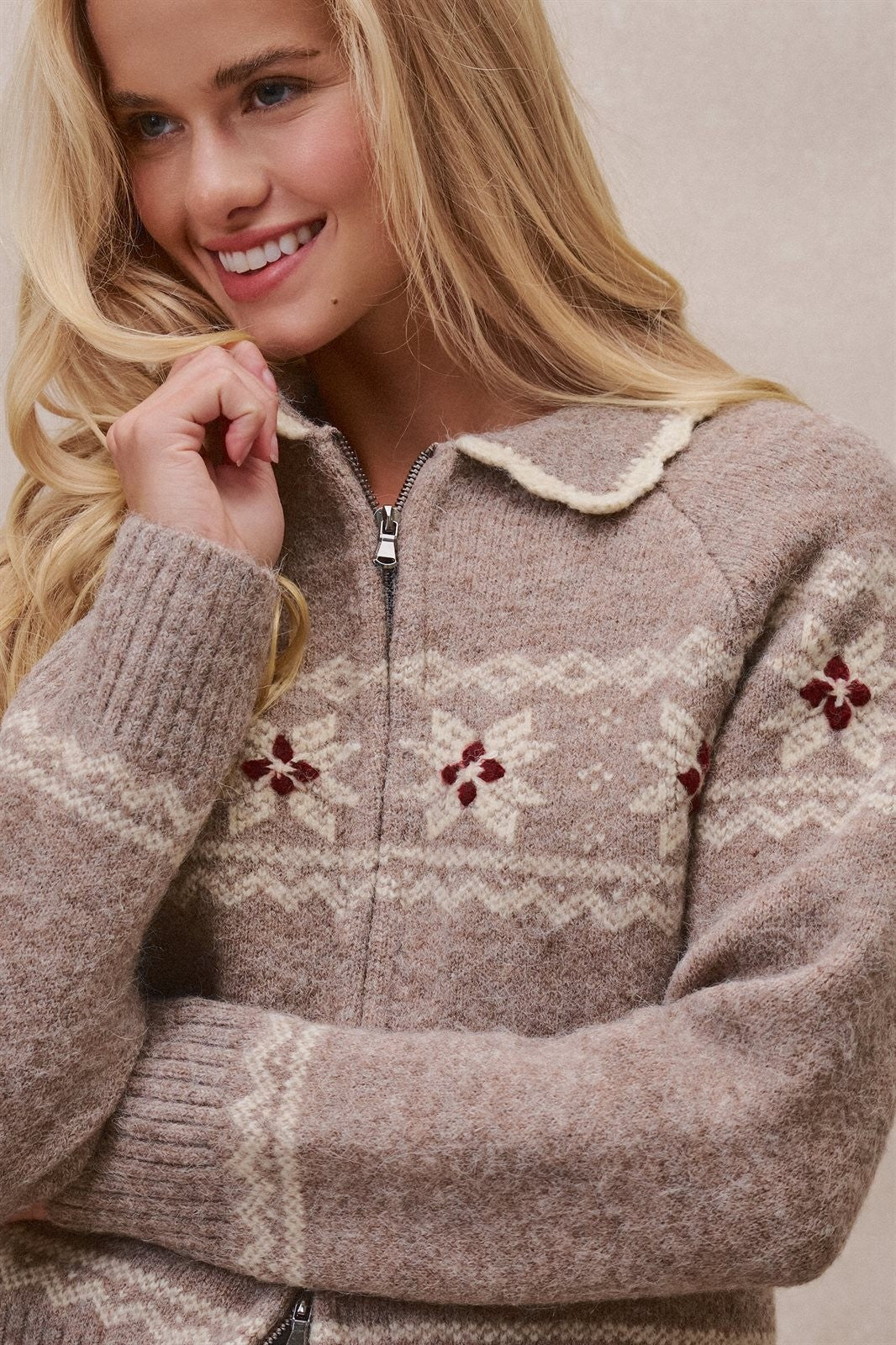Fair Isle Wool Blend Sweater Cardigan with Collar in Mocha - Women's Cardigans & Shrugs | Urban Daizy