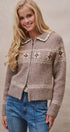 Fair Isle Wool Blend Sweater Cardigan with Collar in Mocha - Women's Cardigans & Shrugs | Urban Daizy