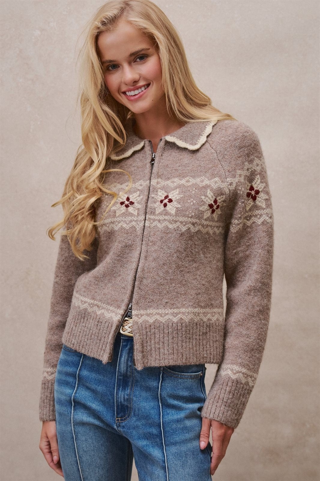 Fair Isle Wool Blend Sweater Cardigan with Collar in Mocha - Women's Cardigans & Shrugs | Urban Daizy