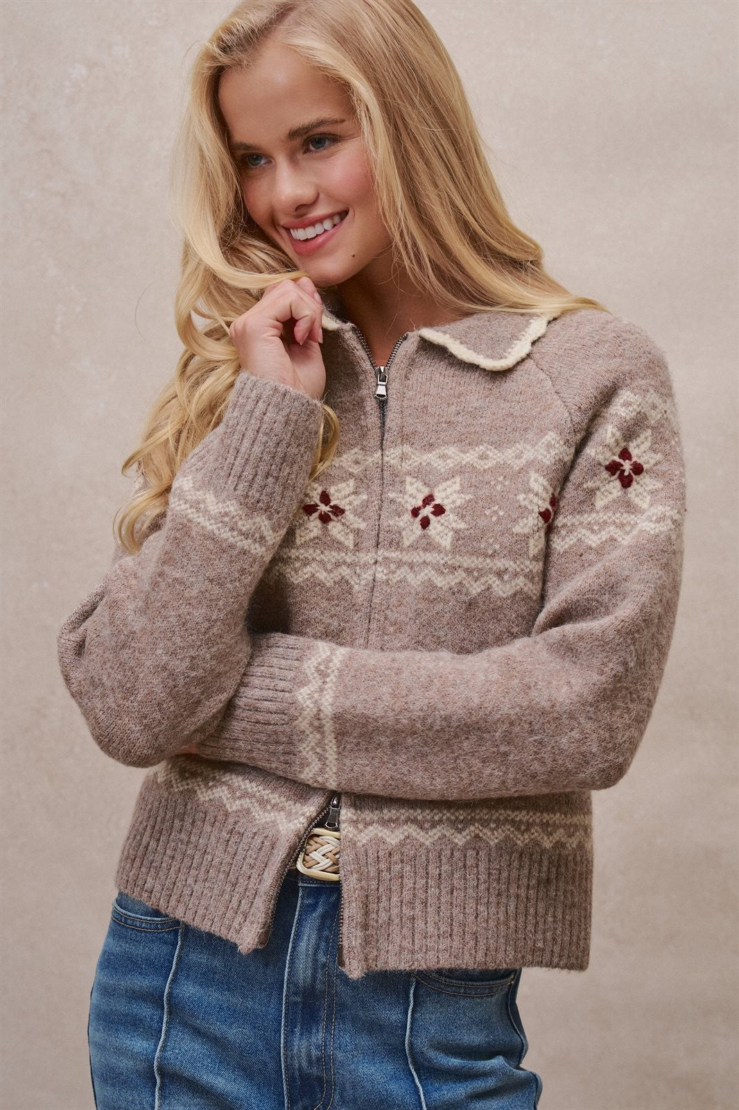 Fair Isle Wool Blend Sweater Cardigan with Collar in Mocha - Women's Cardigans & Shrugs | Urban Daizy