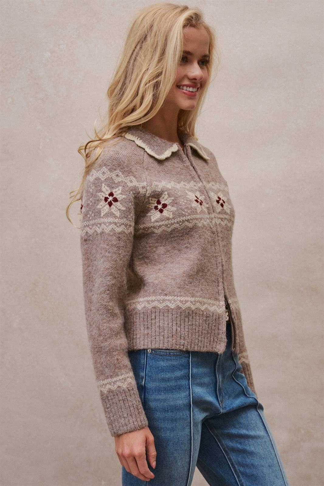 Fair Isle Wool Blend Sweater Cardigan with Collar in Mocha - Women's Cardigans & Shrugs | Urban Daizy