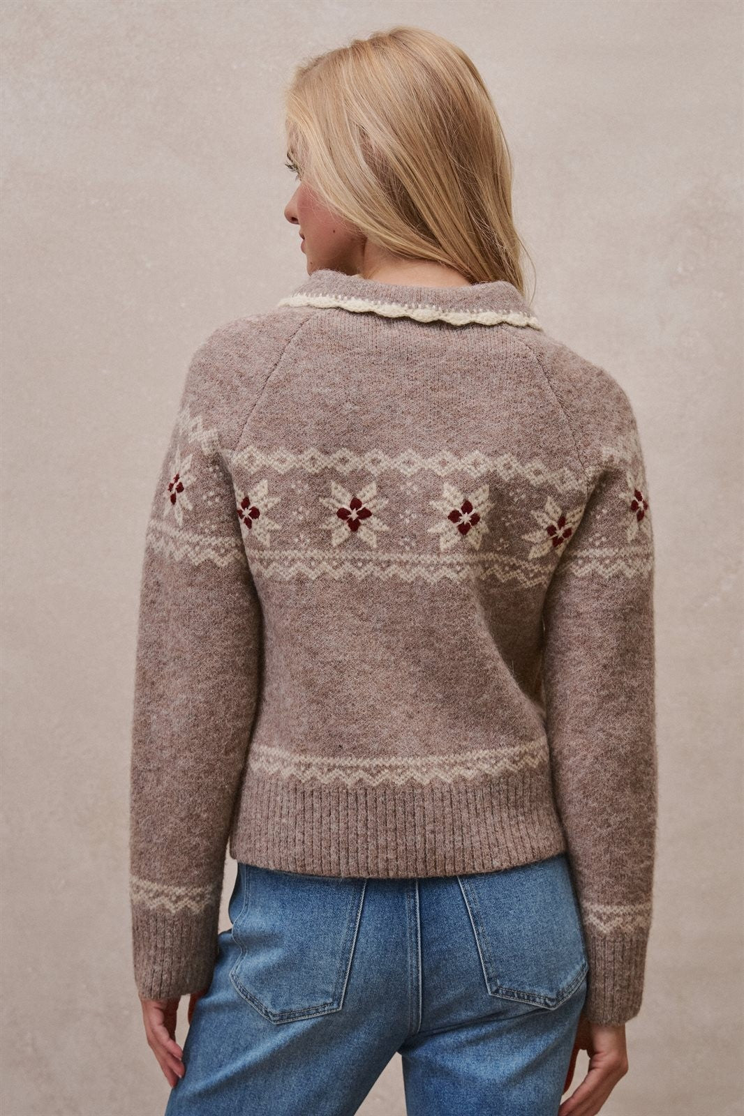 Fair Isle Wool Blend Sweater Cardigan with Collar in Mocha - Women's Cardigans & Shrugs | Urban Daizy