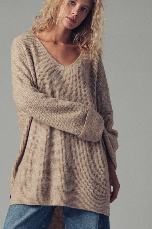 Oversized Waffle Knit V-Neck Pullover Sweater in Black - Women's Sweaters | Urban Daizy