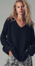 Oversized Waffle Knit V-Neck Pullover Sweater in Black - Women's Sweaters | Urban Daizy