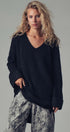 Oversized Waffle Knit V-Neck Pullover Sweater in Black - Women's Sweaters | Urban Daizy