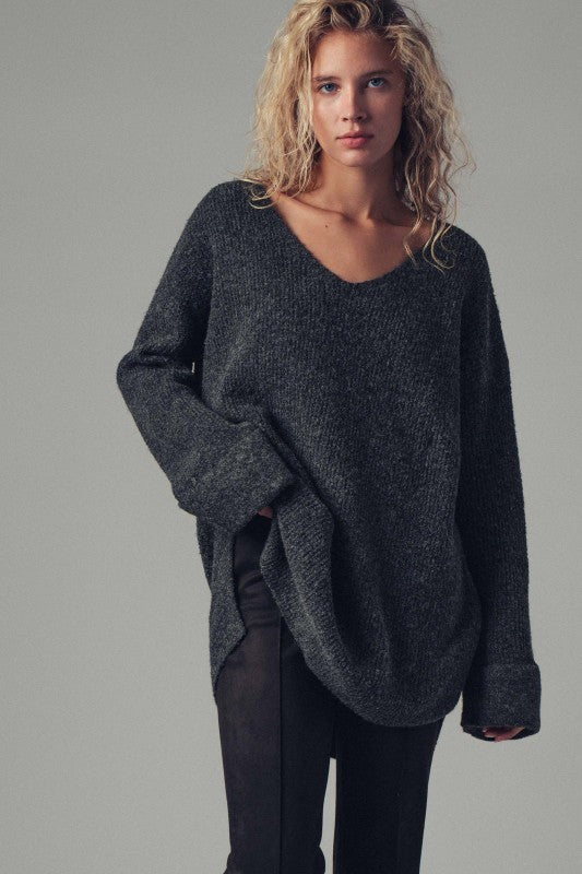 Oversized Waffle Knit V-Neck Pullover Sweater in Charcoal - Women's Sweaters | Urban Daizy