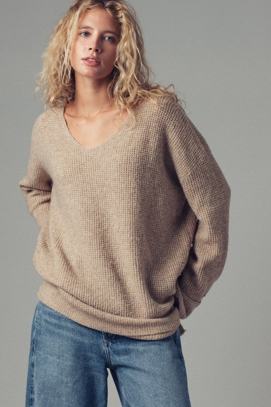 Oversized Waffle Knit V-Neck Pullover Sweater in Taupe	 - Women's Sweaters | Urban Daizy