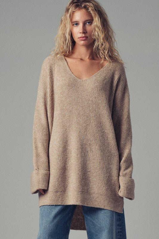 Oversized Waffle Knit V-Neck Pullover Sweater in Taupe	 - Women's Sweaters | Urban Daizy