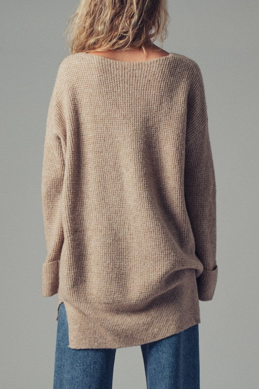 Oversized Waffle Knit V-Neck Pullover Sweater in Taupe	 - Women's Sweaters | Urban Daizy