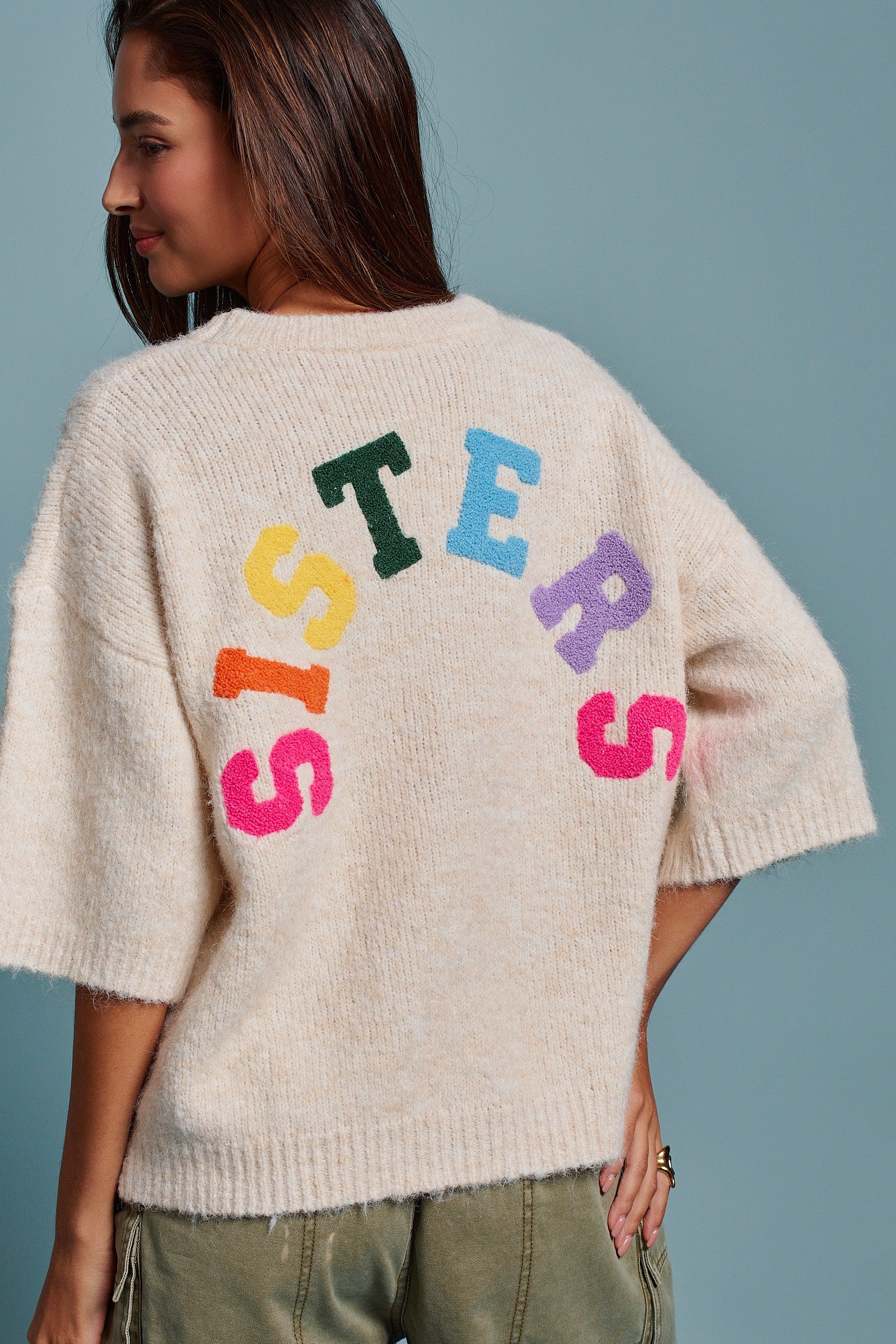 Sisters Lettering Knit Sweater Elbow Sleeve Crew Neck in Oatmeal - Women's Sweaters | Urban Daizy