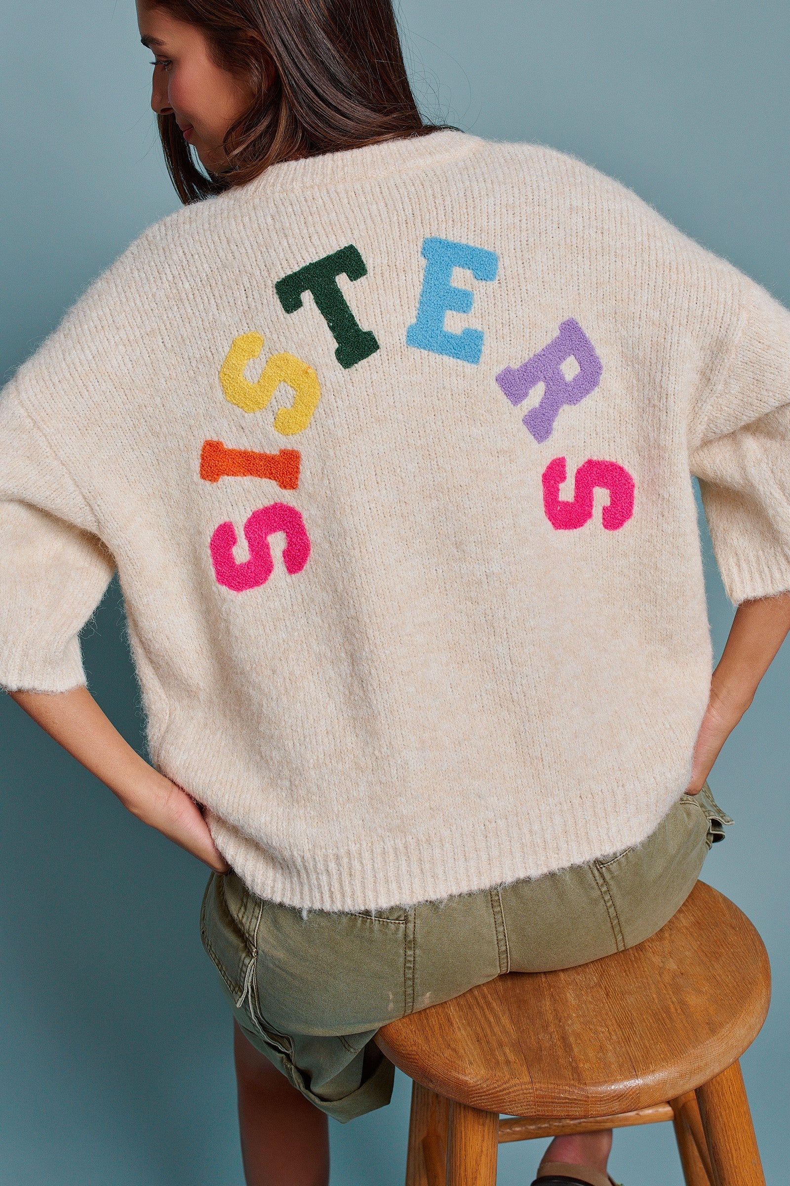 Sisters Lettering Knit Sweater Elbow Sleeve Crew Neck in Oatmeal - Women's Sweaters | Urban Daizy