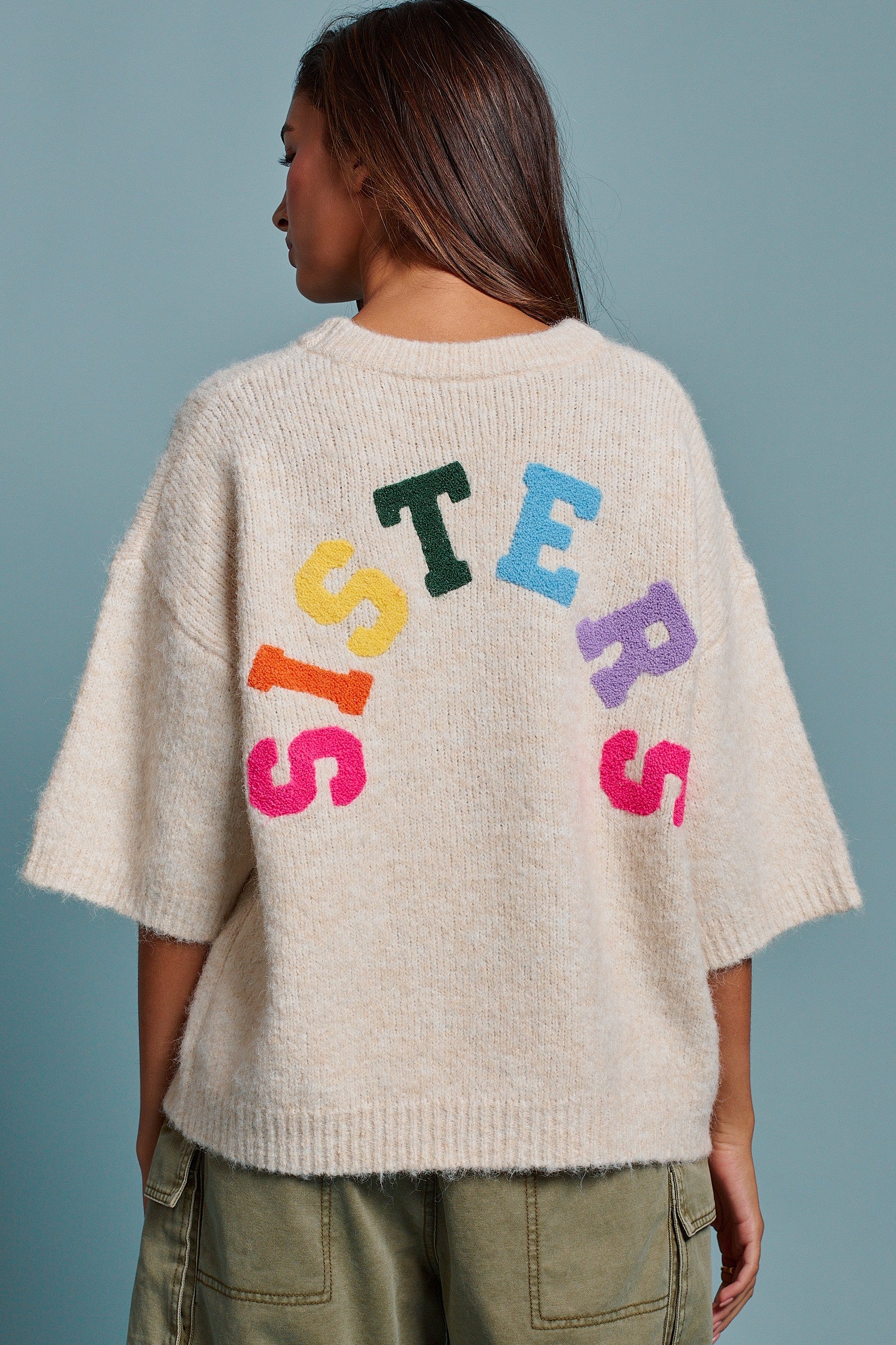 Sisters Lettering Knit Sweater Elbow Sleeve Crew Neck in Oatmeal - Women's Sweaters | Urban Daizy