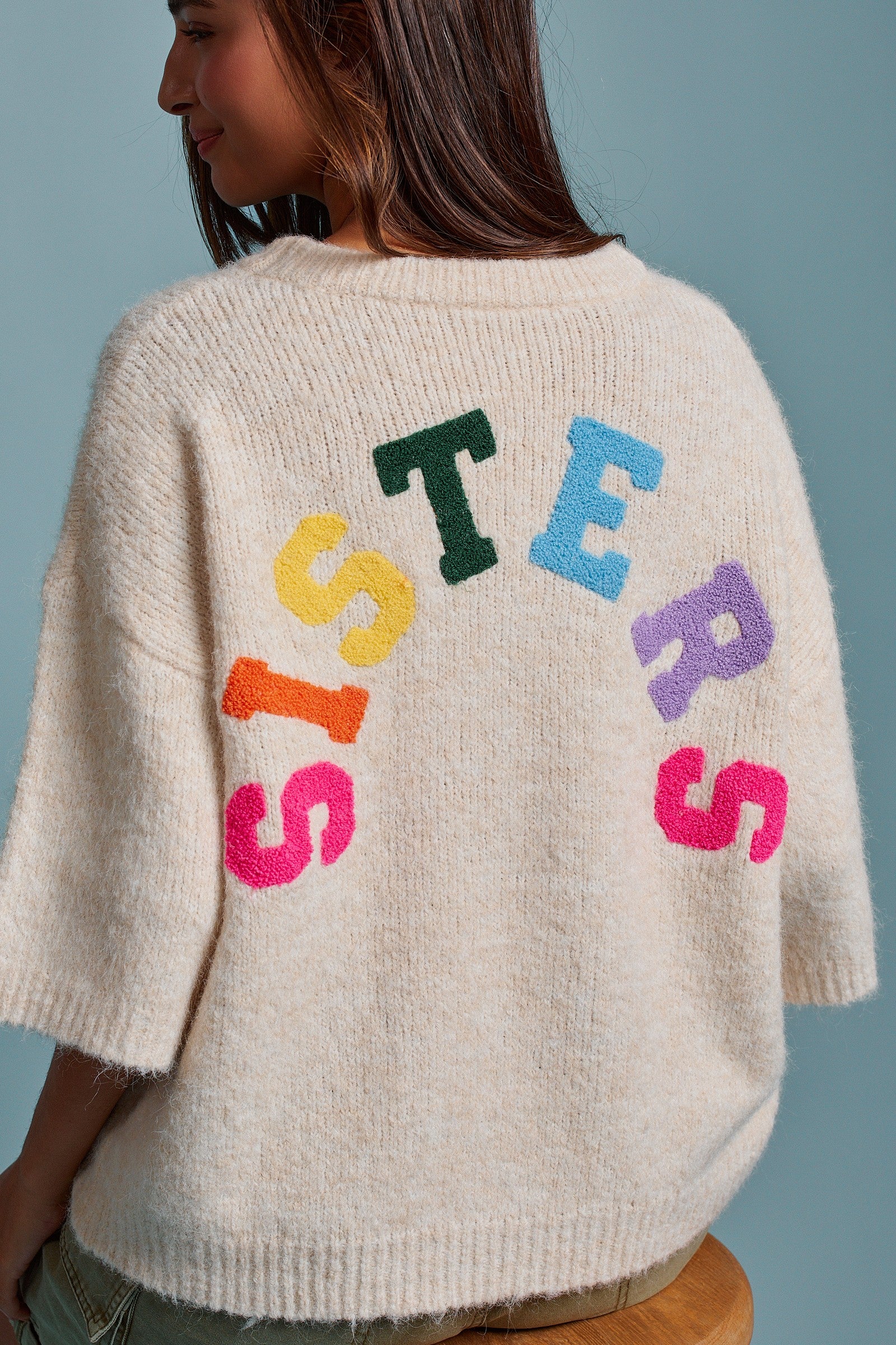 Sisters Lettering Knit Sweater Elbow Sleeve Crew Neck in Oatmeal - Women's Sweaters | Urban Daizy