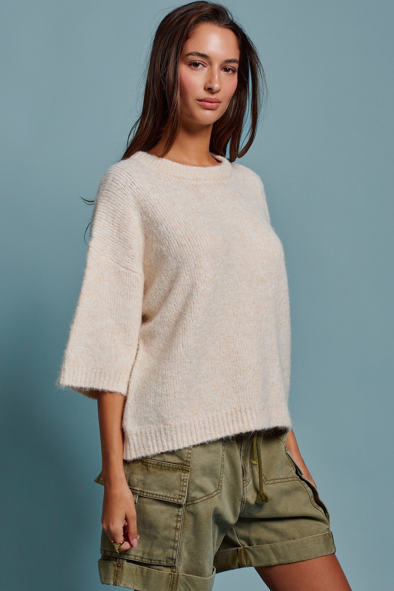 Sisters Lettering Knit Sweater Elbow Sleeve Crew Neck in Oatmeal - Women's Sweaters | Urban Daizy