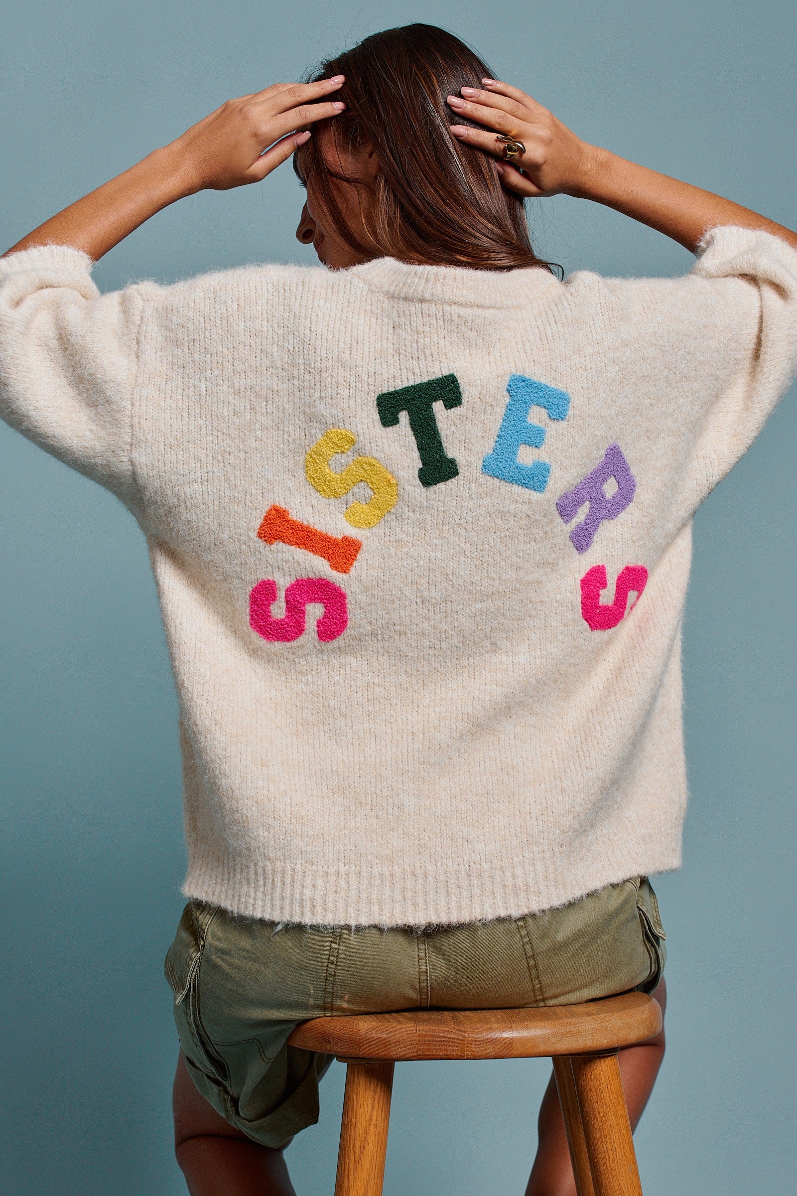 Sisters Lettering Knit Sweater Elbow Sleeve Crew Neck in Oatmeal - Women's Sweaters | Urban Daizy