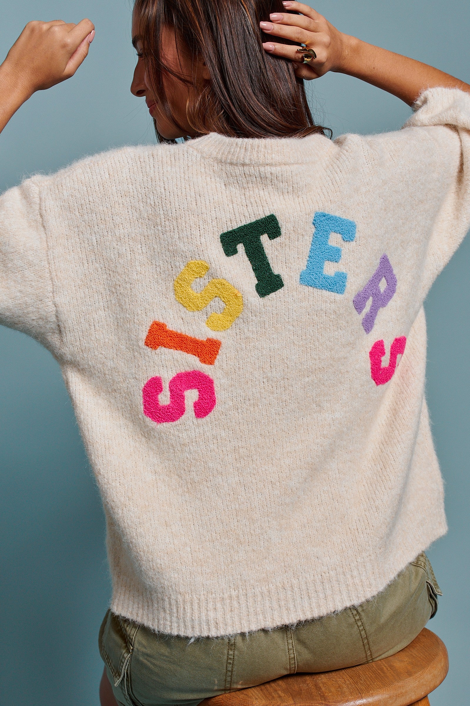 Sisters Lettering Knit Sweater Elbow Sleeve Crew Neck in Oatmeal - Women's Sweaters | Urban Daizy