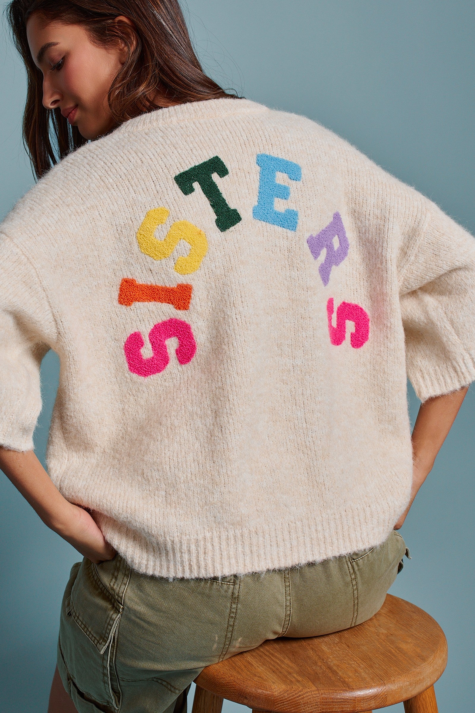 Sisters Lettering Knit Sweater Elbow Sleeve Crew Neck in Oatmeal - Women's Sweaters | Urban Daizy