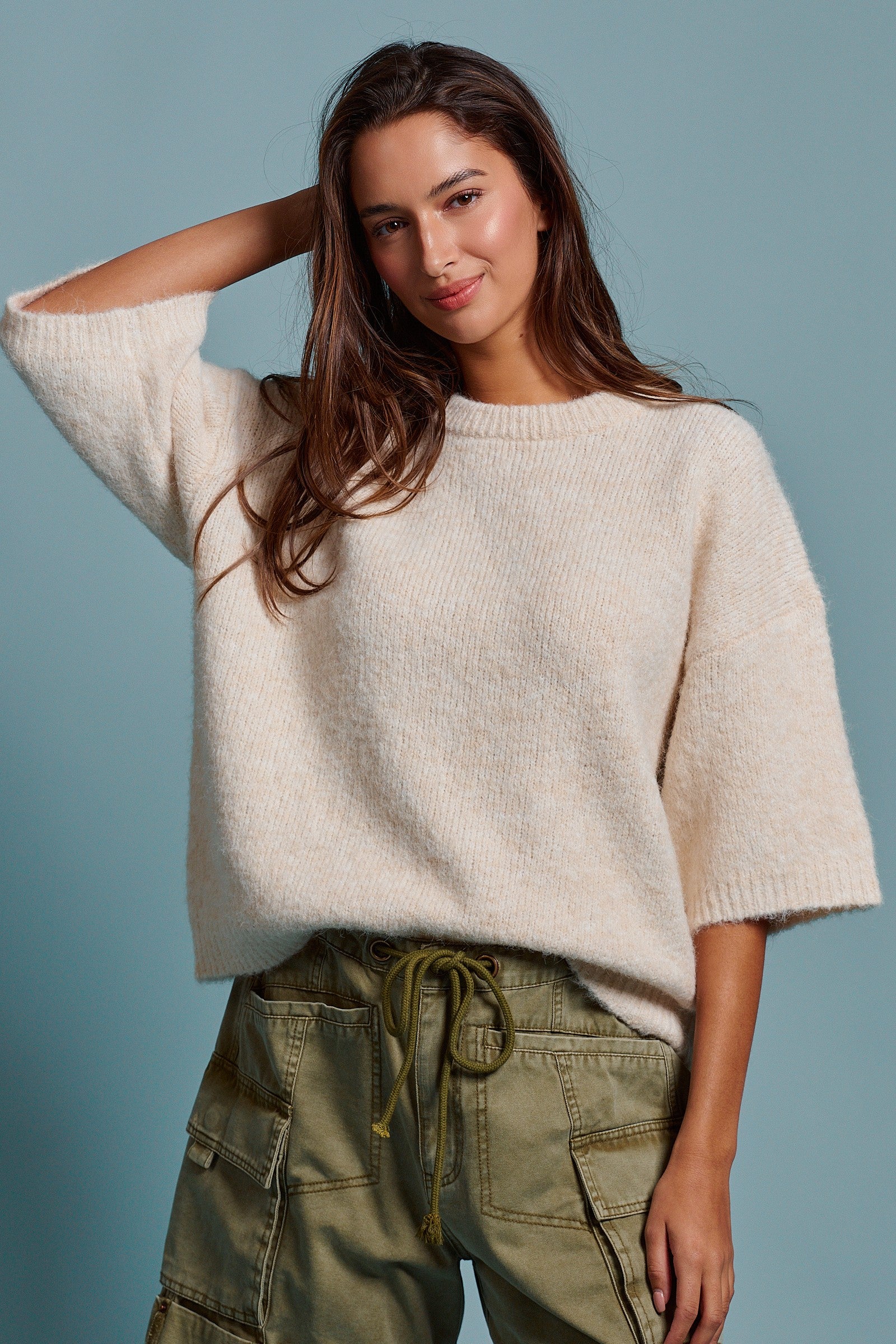 Sisters Lettering Knit Sweater Elbow Sleeve Crew Neck in Oatmeal - Women's Sweaters | Urban Daizy