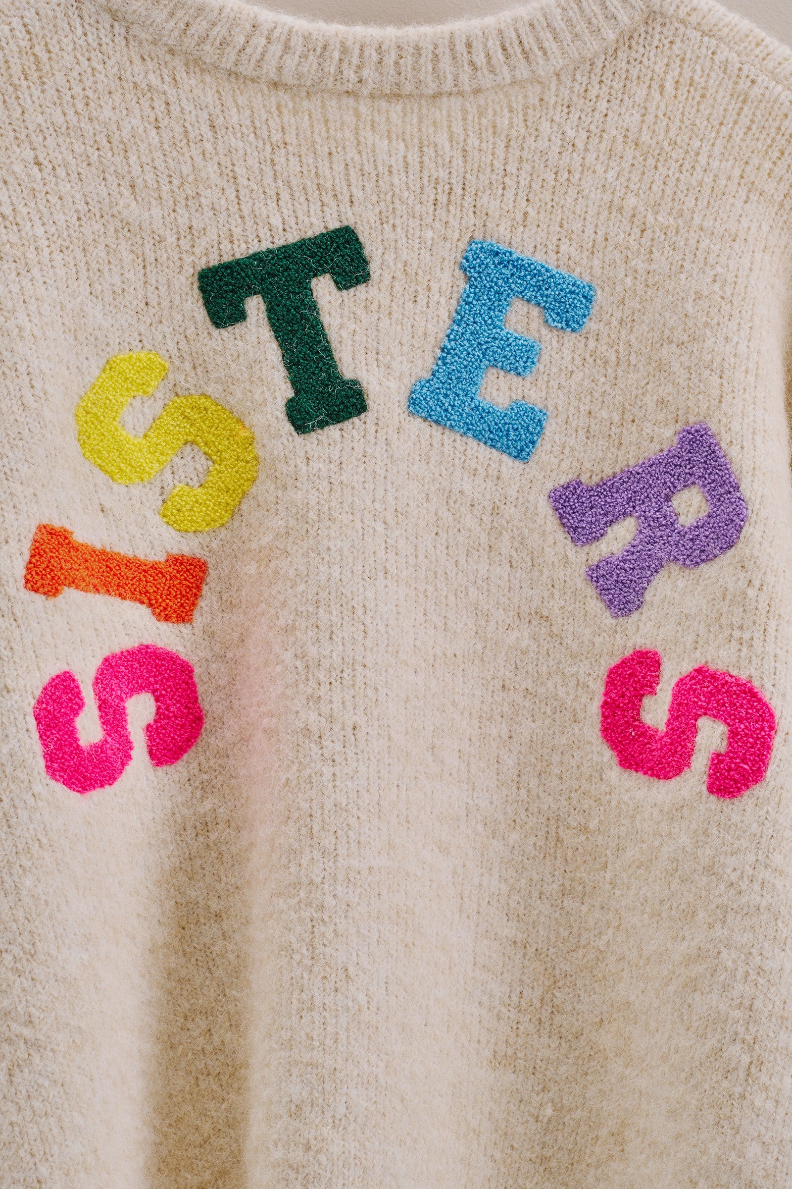 Sisters Lettering Knit Sweater Elbow Sleeve Crew Neck in Oatmeal - Women's Sweaters | Urban Daizy