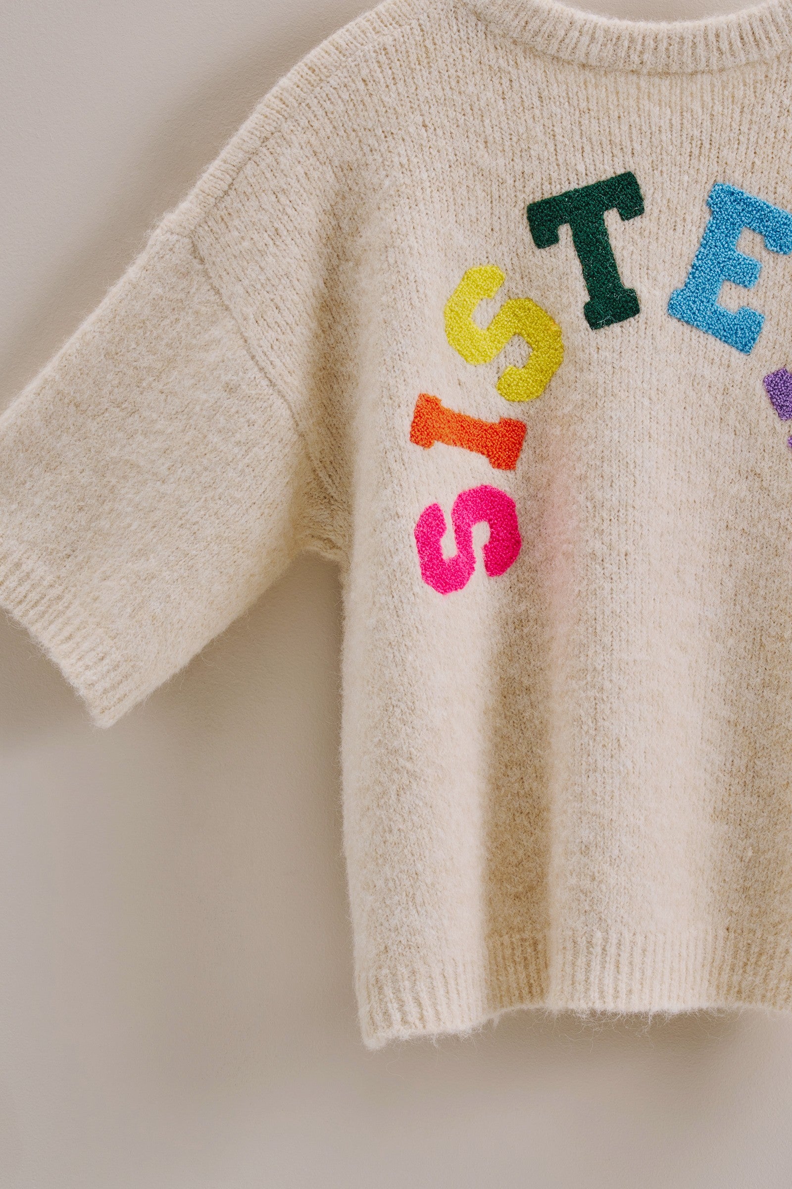 Sisters Lettering Knit Sweater Elbow Sleeve Crew Neck in Oatmeal - Women's Sweaters | Urban Daizy