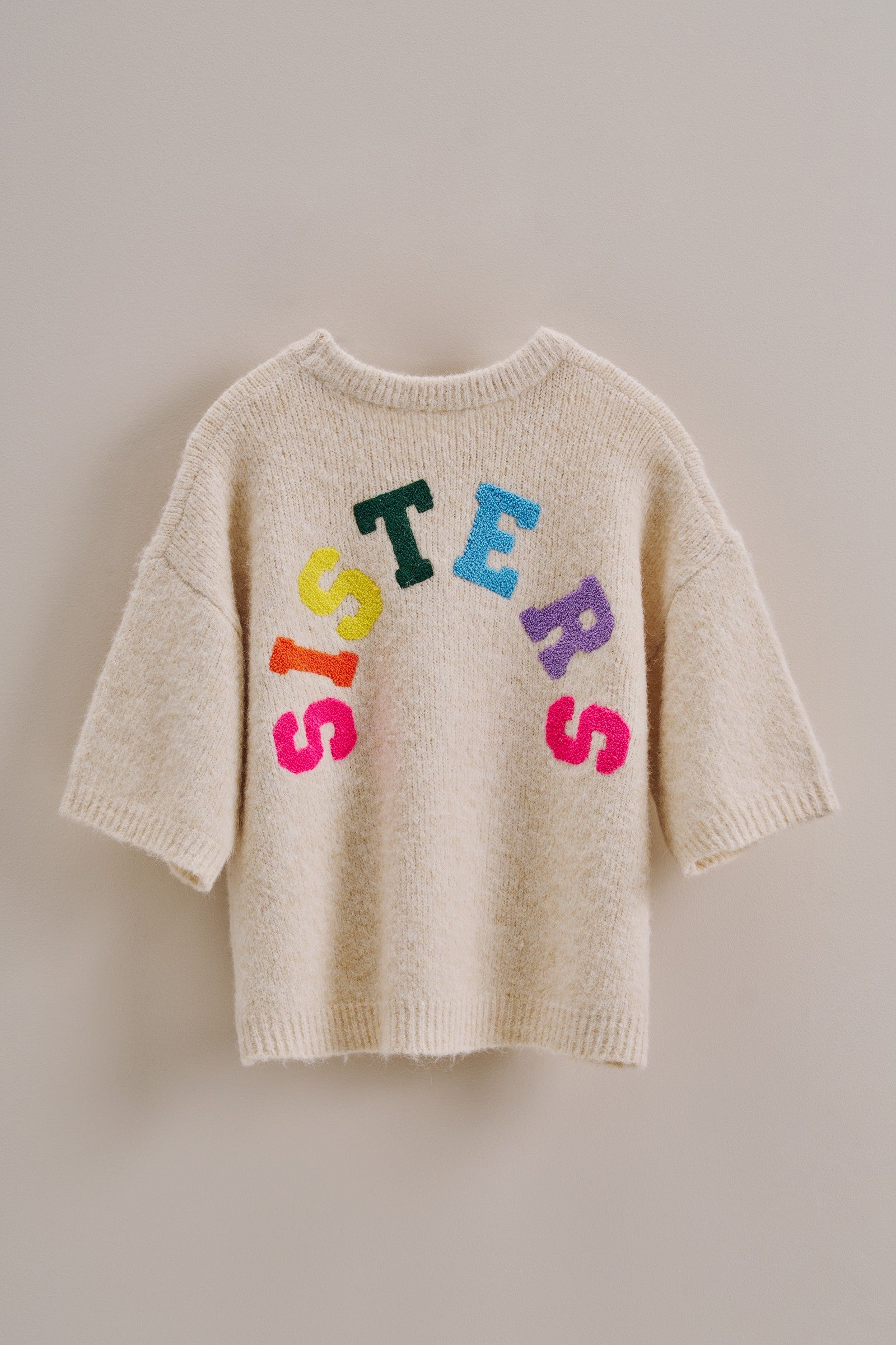 Sisters Lettering Knit Sweater Elbow Sleeve Crew Neck in Oatmeal - Women's Sweaters | Urban Daizy