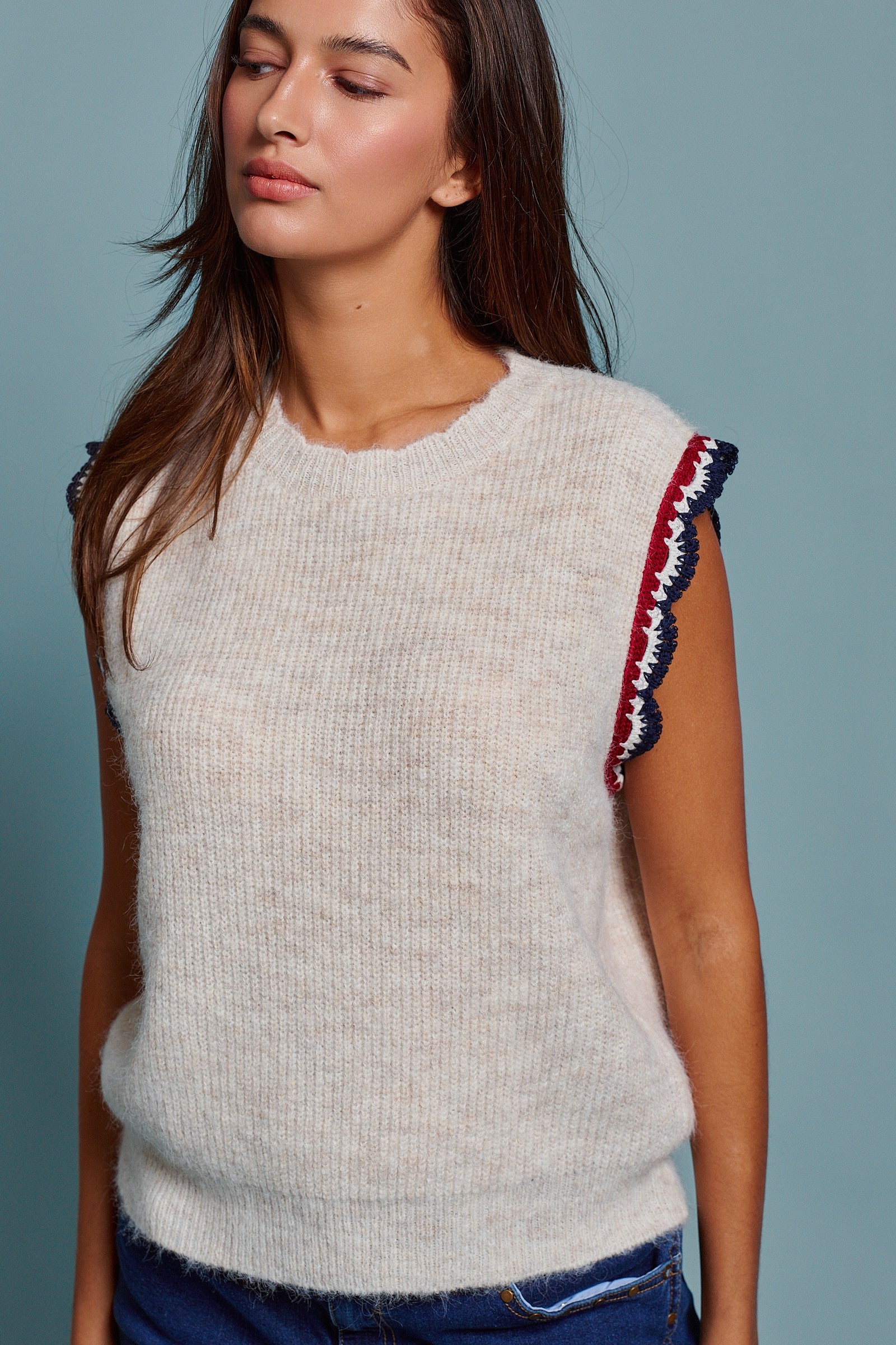 Retro Trim Knit Vest With Cap Sleeves in Oatmeal - Women's Sweaters | Urban Daizy