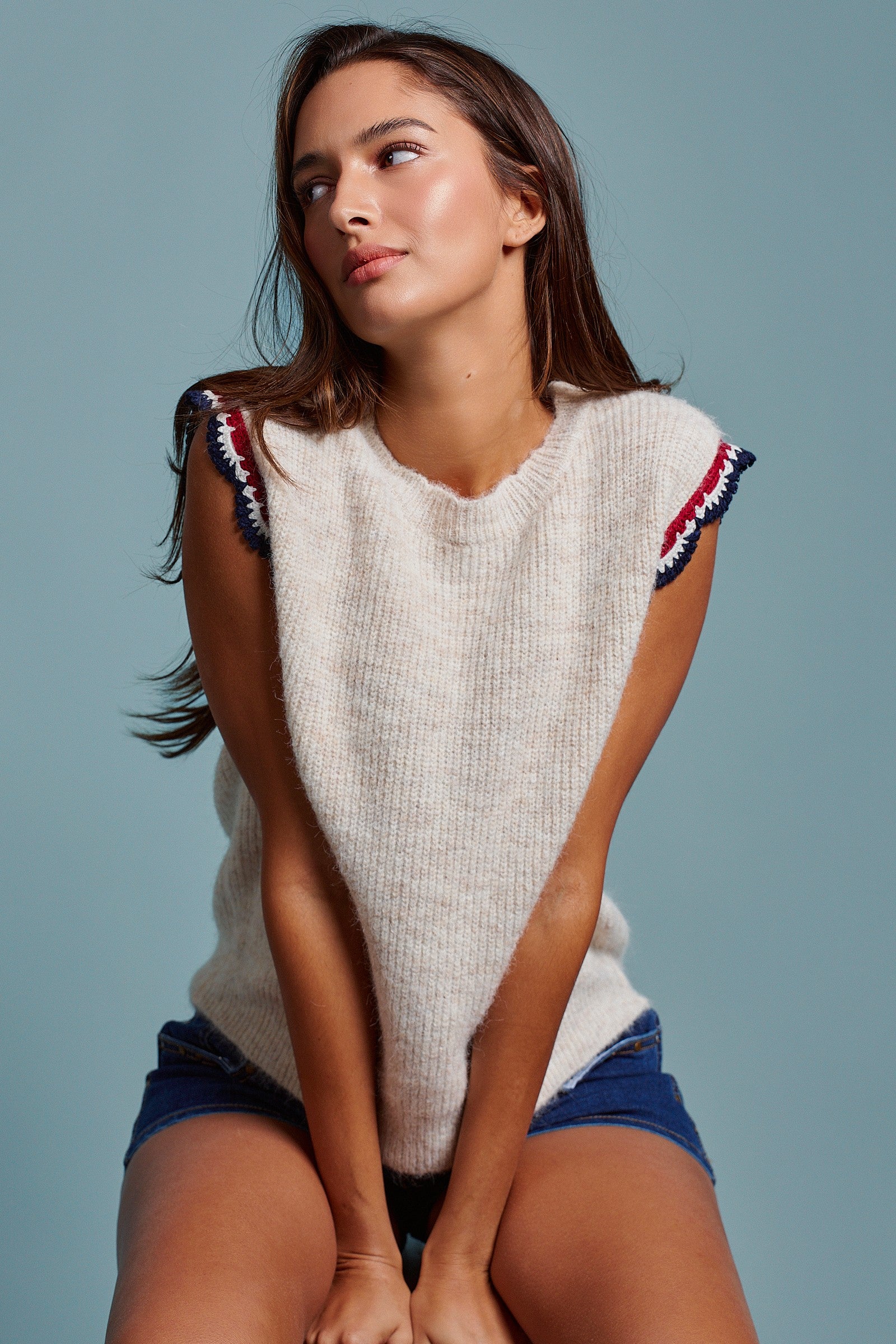 Retro Trim Knit Vest With Cap Sleeves in Oatmeal - Women's Sweaters | Urban Daizy