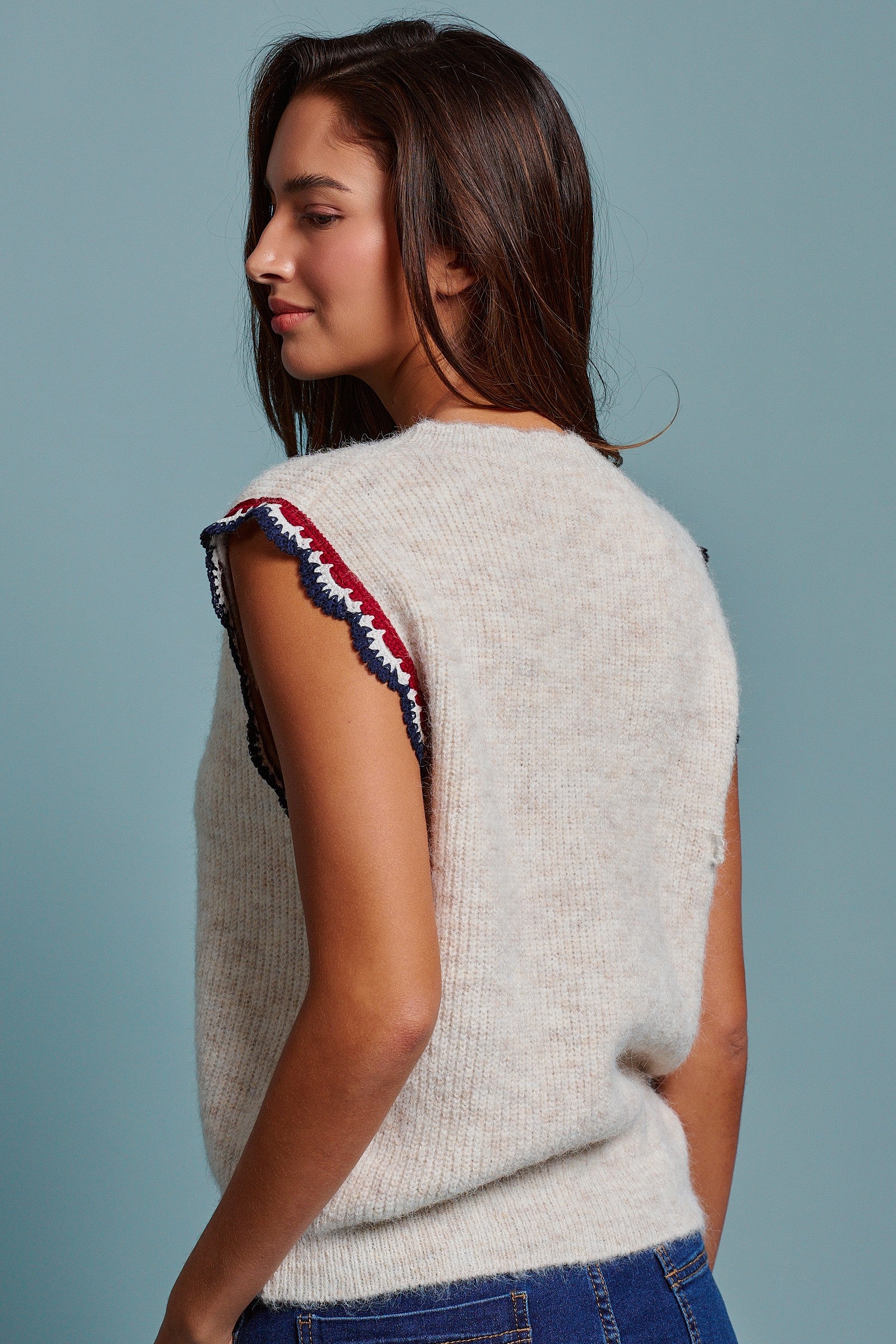 Retro Trim Knit Vest With Cap Sleeves in Oatmeal - Women's Sweaters | Urban Daizy