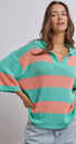 Striped Knit Polo Collar Oversized Sweater Top in Coral Green - Women's Sweaters | Urban Daizy