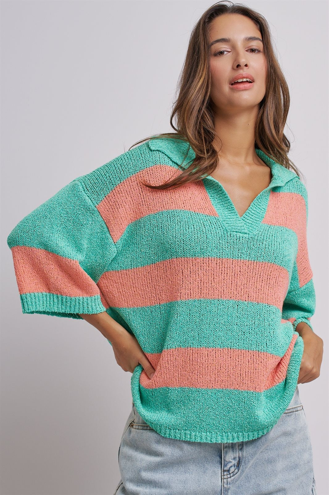 Striped Knit Polo Collar Oversized Sweater Top in Coral Green - Women's Sweaters | Urban Daizy