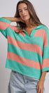 Striped Knit Polo Collar Oversized Sweater Top in Coral Green - Women's Sweaters | Urban Daizy