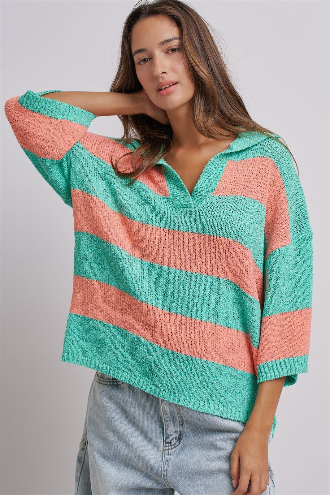 Striped Knit Polo Collar Oversized Sweater Top in Coral Green - Women's Sweaters | Urban Daizy