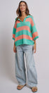 Striped Knit Polo Collar Oversized Sweater Top in Coral Green - Women's Sweaters | Urban Daizy