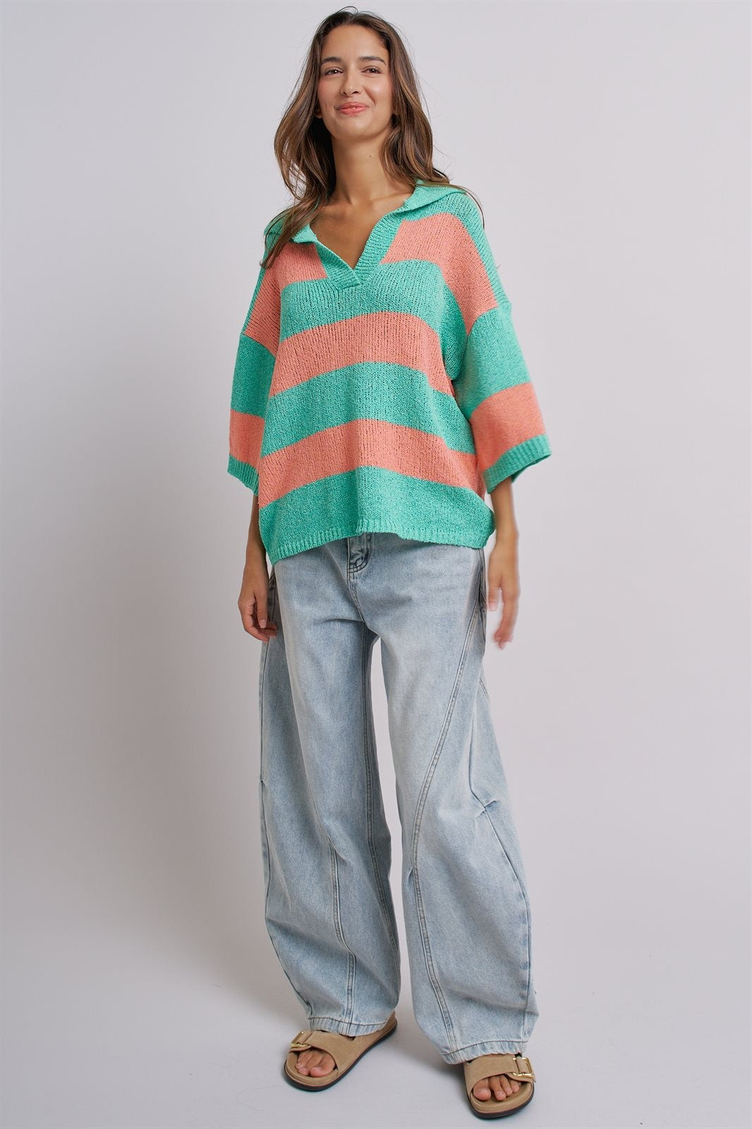 Striped Knit Polo Collar Oversized Sweater Top in Coral Green - Women's Sweaters | Urban Daizy