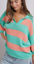 Striped Knit Polo Collar Oversized Sweater Top in Coral Green - Women's Sweaters | Urban Daizy