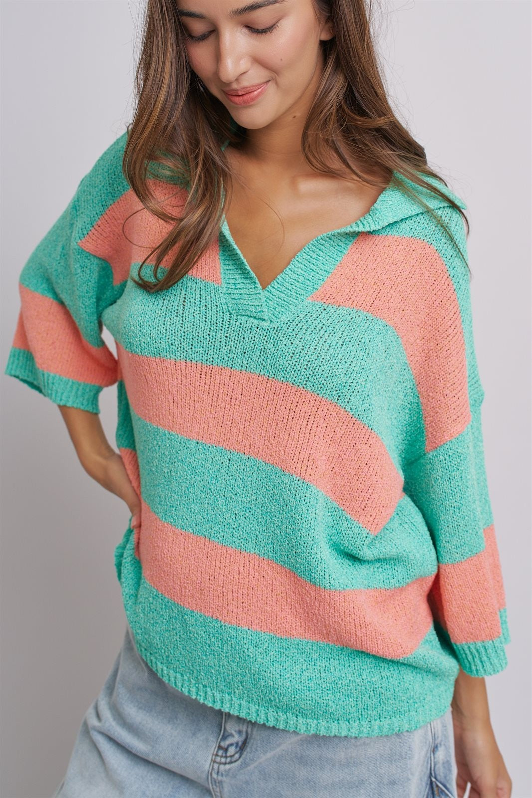 Striped Knit Polo Collar Oversized Sweater Top in Coral Green - Women's Sweaters | Urban Daizy