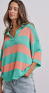 Striped Knit Polo Collar Oversized Sweater Top in Coral Green - Women's Sweaters | Urban Daizy