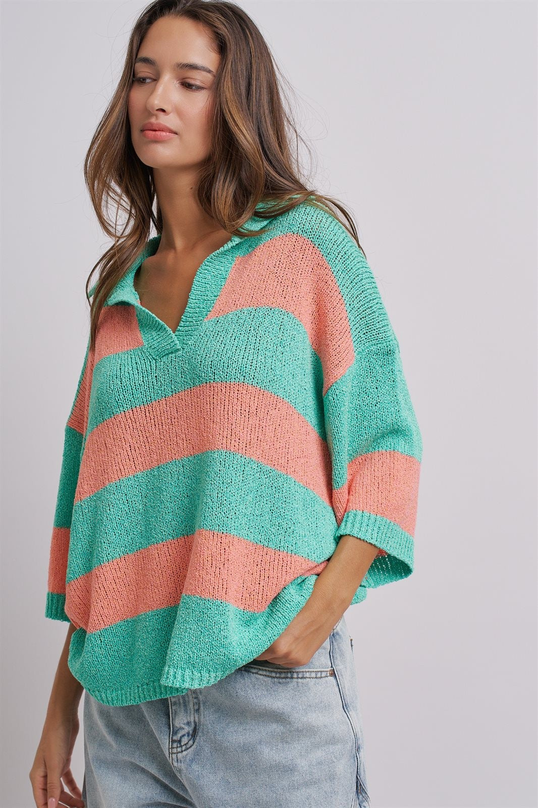 Striped Knit Polo Collar Oversized Sweater Top in Coral Green - Women's Sweaters | Urban Daizy