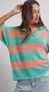 Striped Knit Polo Collar Oversized Sweater Top in Coral Green - Women's Sweaters | Urban Daizy