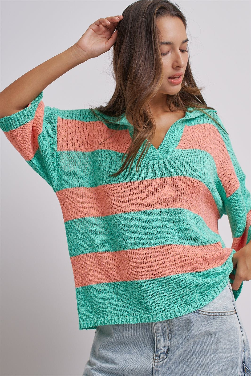 Striped Knit Polo Collar Oversized Sweater Top in Coral Green - Women's Sweaters | Urban Daizy