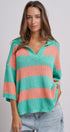 Striped Knit Polo Collar Oversized Sweater Top in Coral Green - Women's Sweaters | Urban Daizy