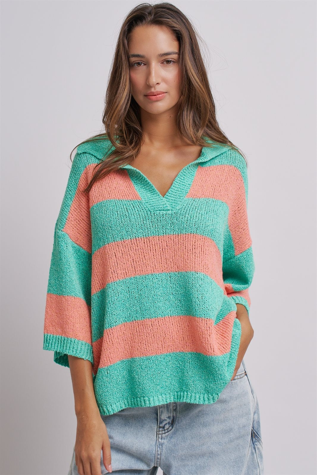 Striped Knit Polo Collar Oversized Sweater Top in Coral Green - Women's Sweaters | Urban Daizy