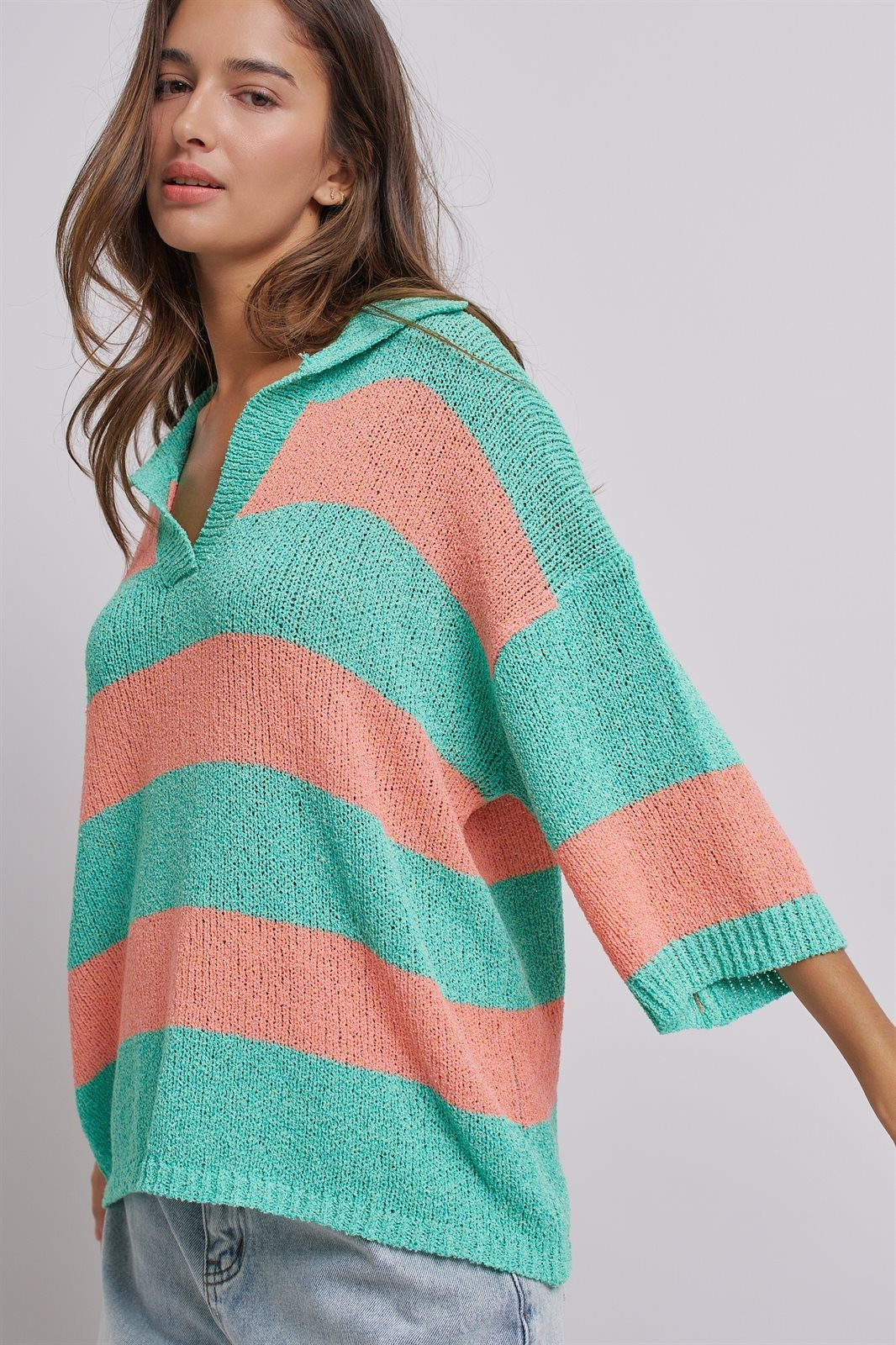 Striped Knit Polo Collar Oversized Sweater Top in Coral Green - Women's Sweaters | Urban Daizy