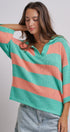 Striped Knit Polo Collar Oversized Sweater Top in Coral Green - Women's Sweaters | Urban Daizy